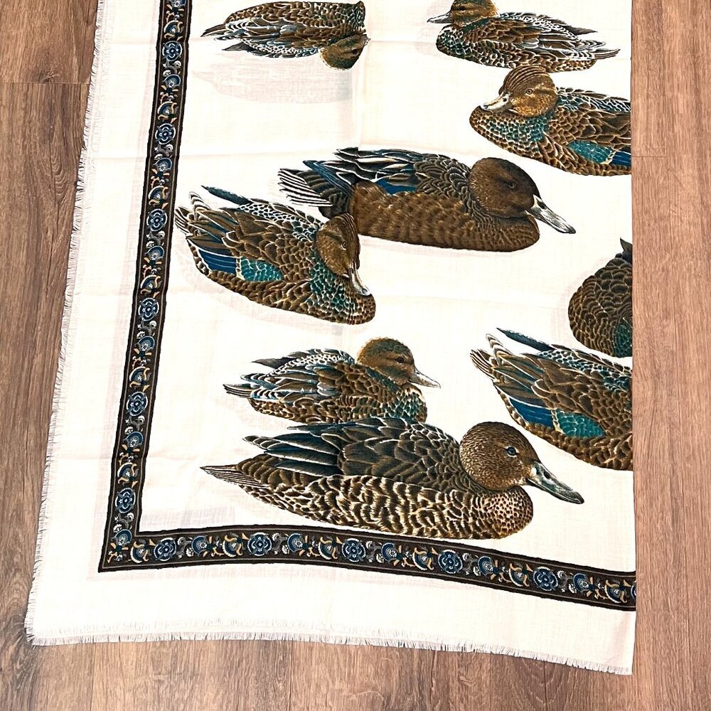 NEW Art of the Scarf Water Fowl Duck Square Fringed Ivory 46" Made in Italy